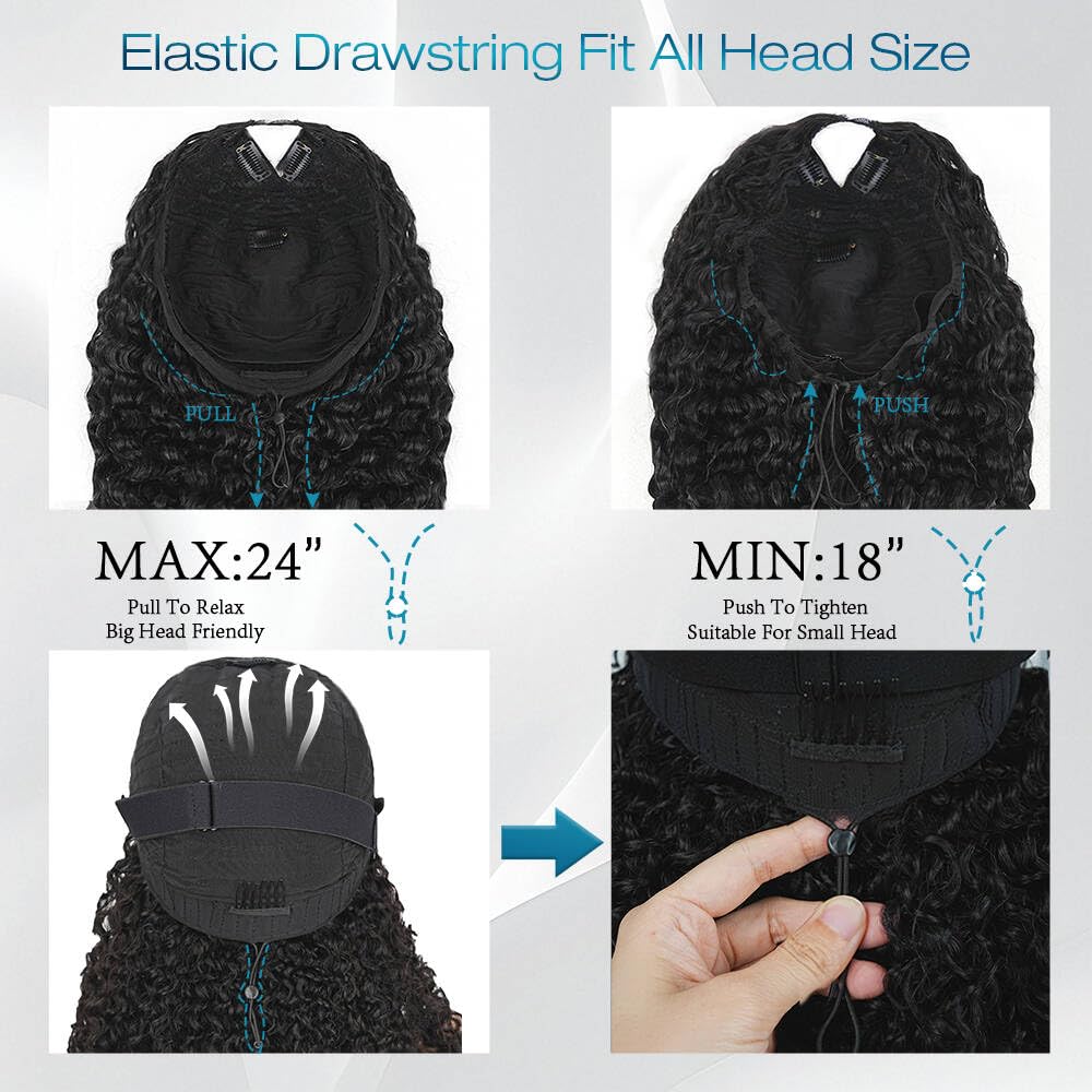 V Part Wig Human Hair Burmese Curly Wig No Leave Out No Sew in 180% Density Upgraded U Part Human Hair Wig with Drawstring Glueless V Shape Clip in Half Wig for Women Natural Black 14 Inch