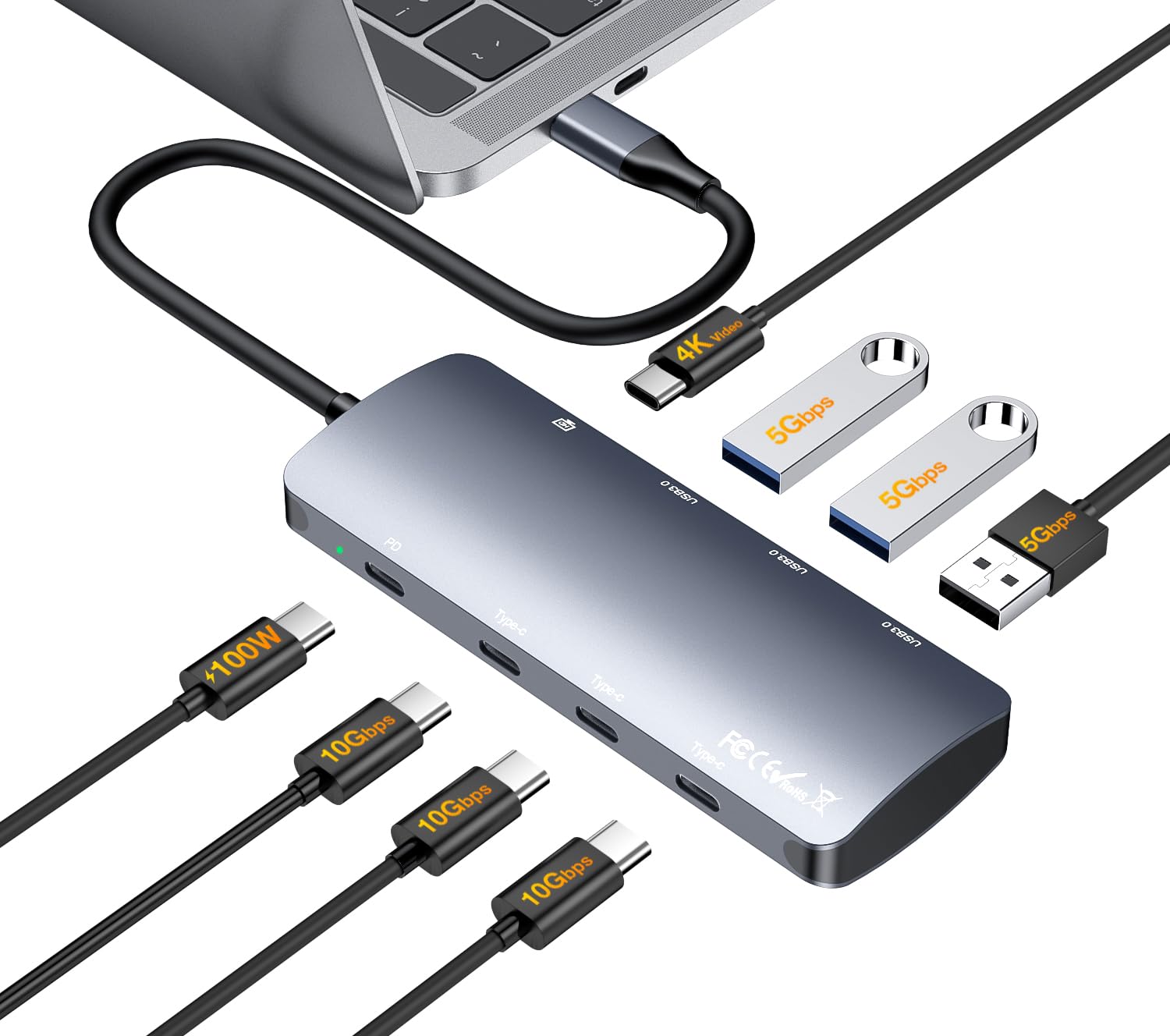 USB C Hub 10Gbps, USB C Splitter with 4K@60Hz Video Output, 100W PD Charging, Data Transfer, USB4 Multiport Dongle Adapter Extender for MacBook Pro/Air, iPad Pro, Dell, HP and More Type C Devices