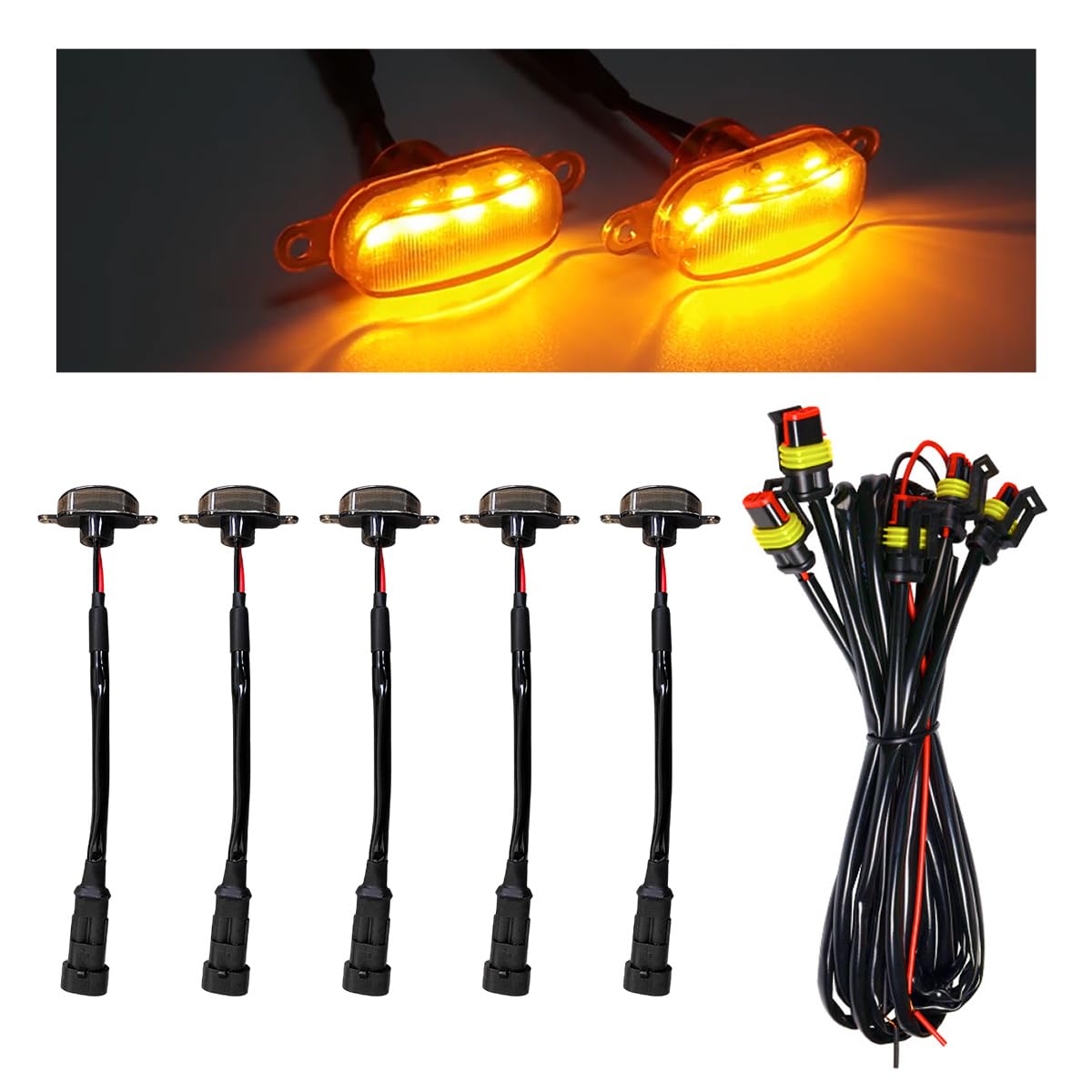 5PCS Car Front Grille Light, Bright LED Grill Lights with Wiring Harness, Waterproof Front Grille Decorative Lamps Compatible with F150 F250 F350, Exterior Car Accessories (Black&Yellow)