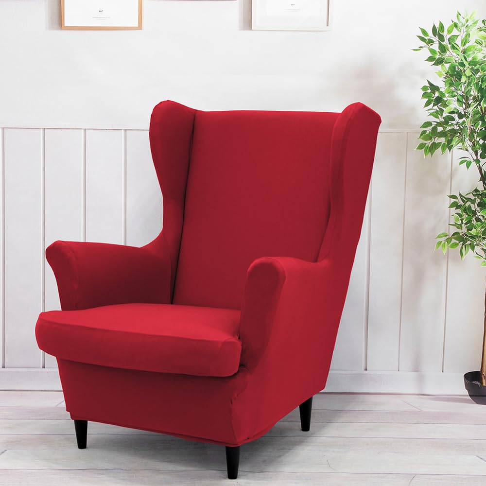 Highdi Wingback Chair Covers 2 Piece Stretch Wing Chair Cover Solid Color Sofa Cover Armchair Slipcover Washable Non Slip Furniture Protector for Living Room Bedroom Hotel (Red)