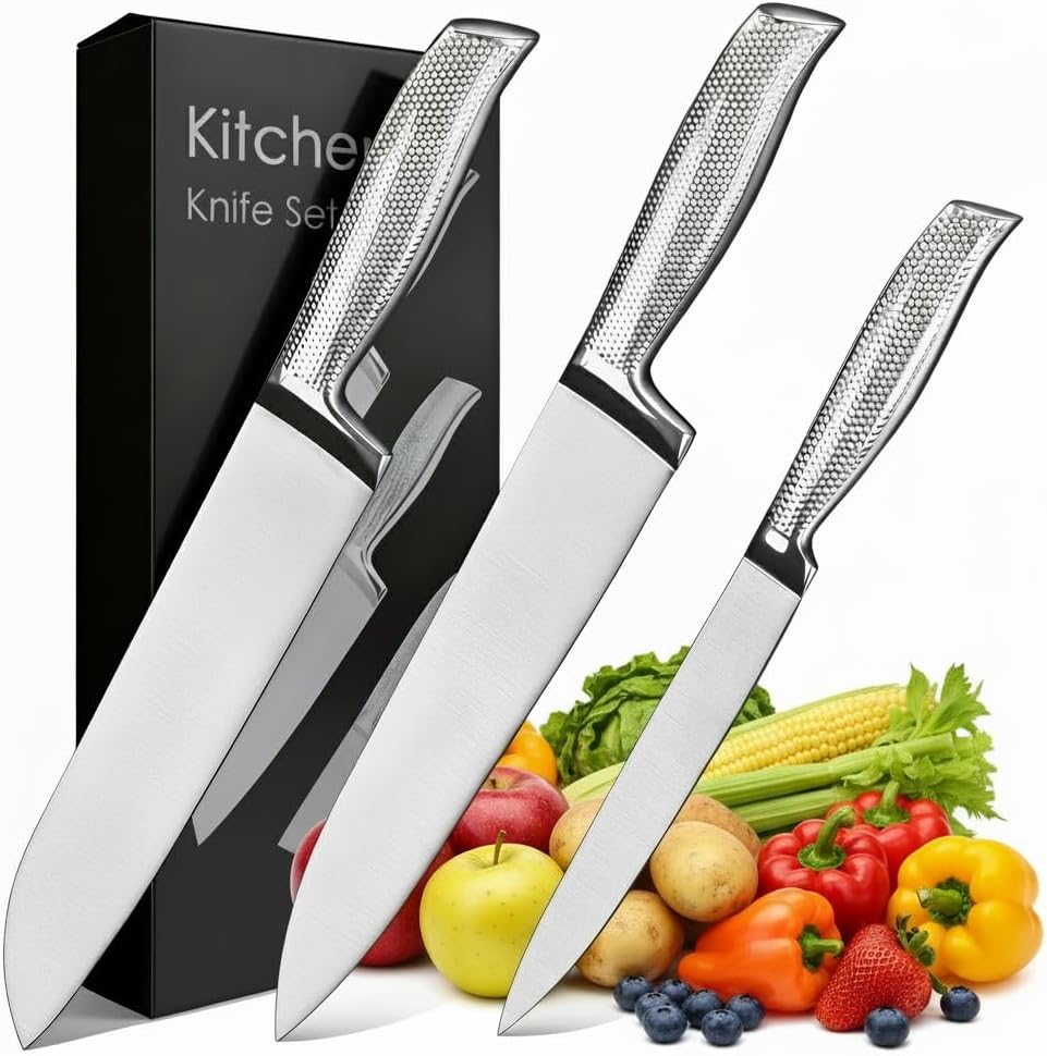 3-Piece Professional Chef Knife Set - 8" Chef, 7" Santoku, 5" Utility Knives - Razor-Sharp 5Cr15MoV High-Carbon Stainless Steel with Full Tang & Non-Slip Handle for home/Professional Chef