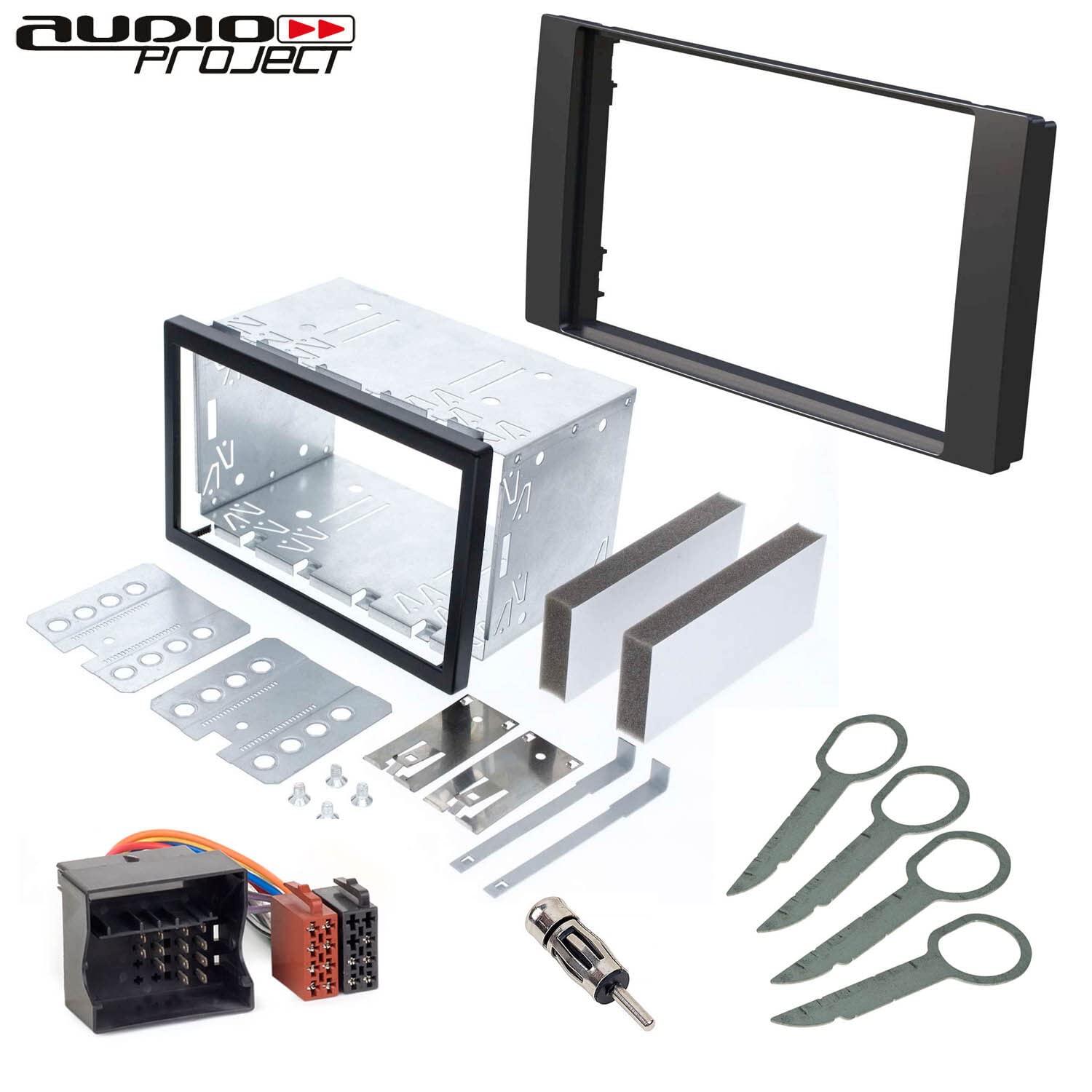 Audioproject A256 Zestaw do montażu radia samochodowego z podwójną osłoną radiową DIN kompatybilny z Ford C-Max Focus Fiesta Fusion S-Max C-Max Kuga, metalowy adapter radiowy, adapter antenowy, czarny