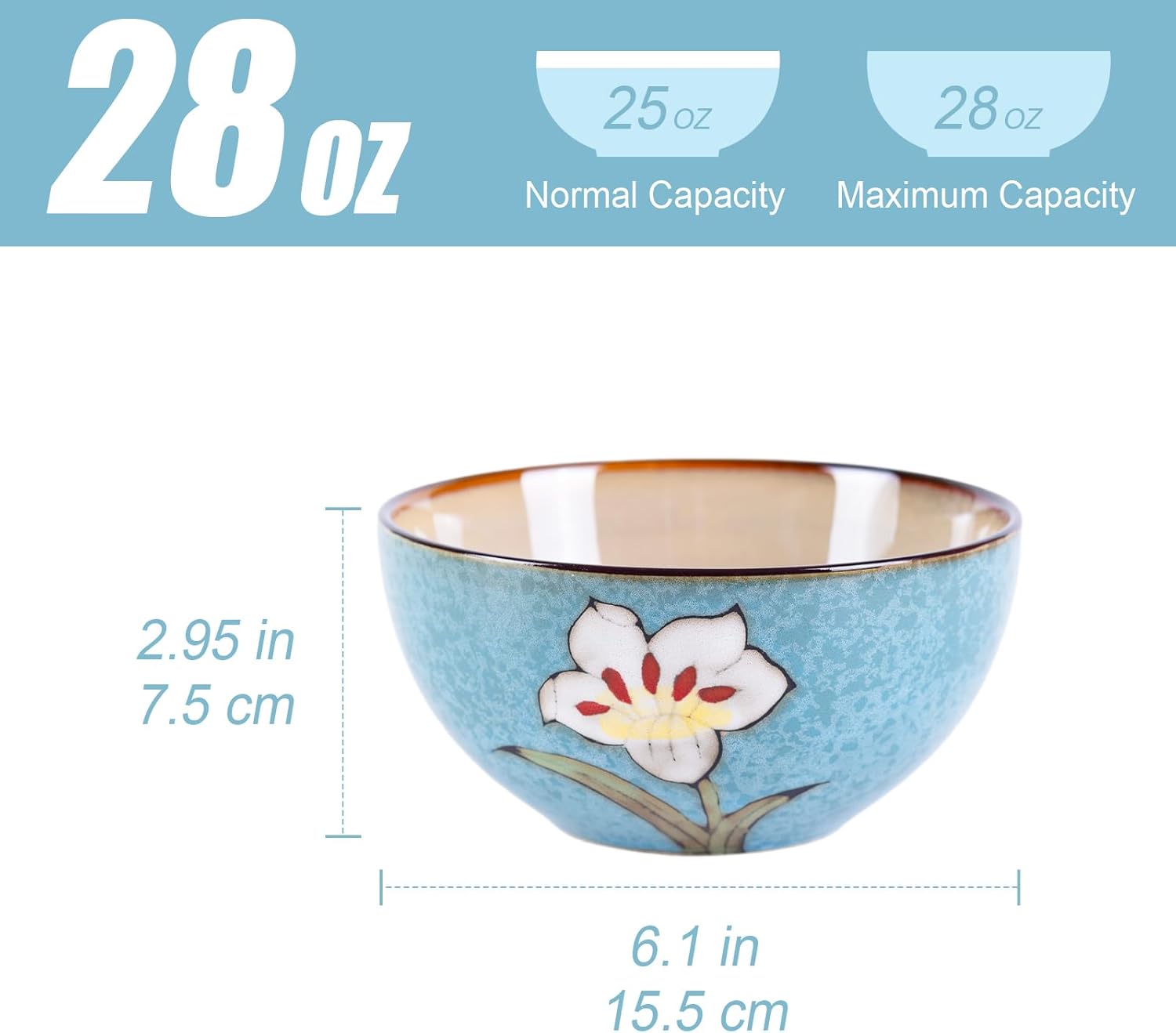 28oz Ceramic Bowls Set of 4 for Kitchen, 6 Inch Hand-painted Floral Serving Bowls, Dishwasher Microwave Oven Safe, for Salad, Pasta, Ramen, Rice & Dessert, Breakfast Lunch Dinner, Blue