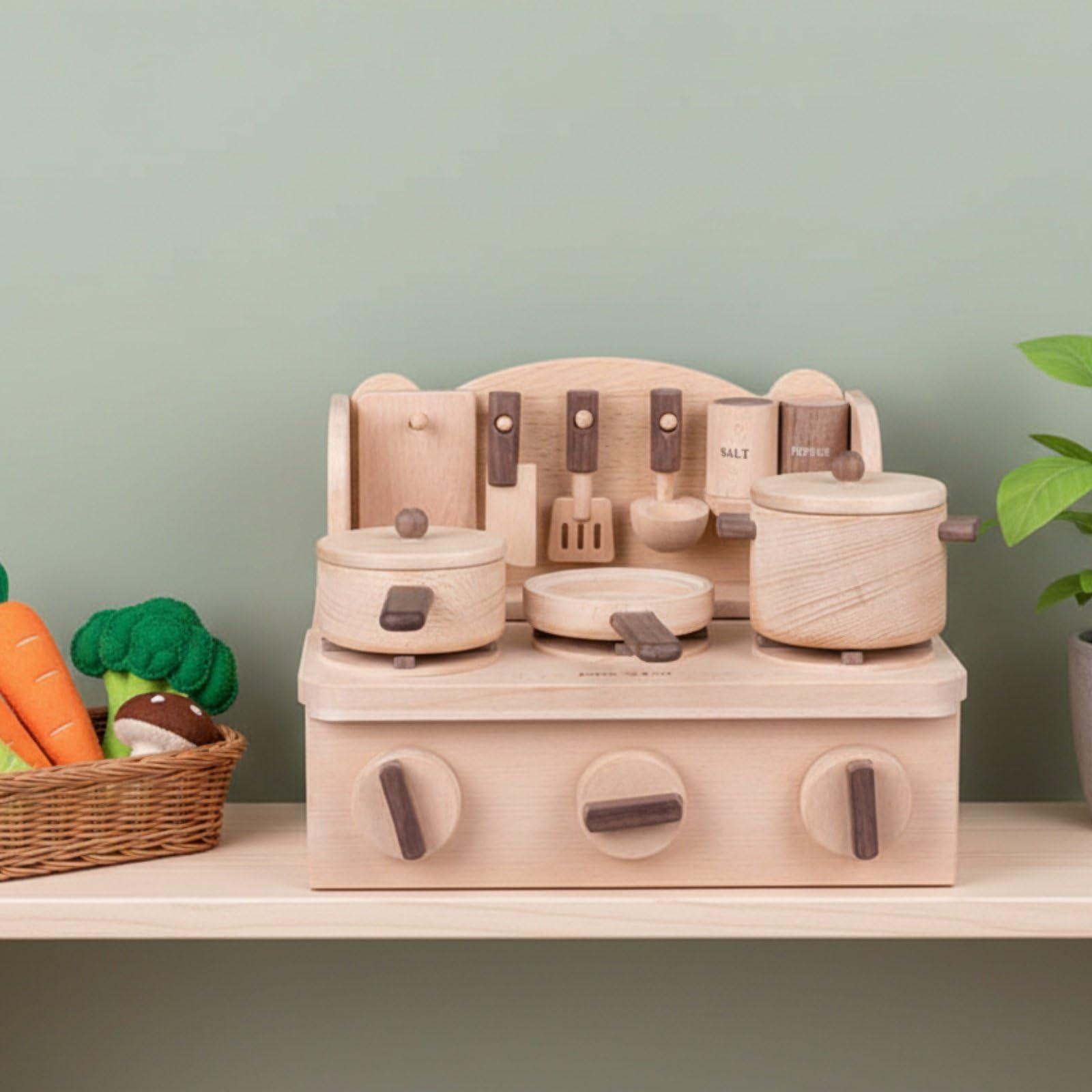 Cucina Giocattolo in Legno per Bambini Cucina Finta Mini Cucina Piano Cottura Pentole Utensili Barattoli Spezie Aspetto Classico in Legno Adatta per Gioco Creativo Casa Centro Infanzia Regali