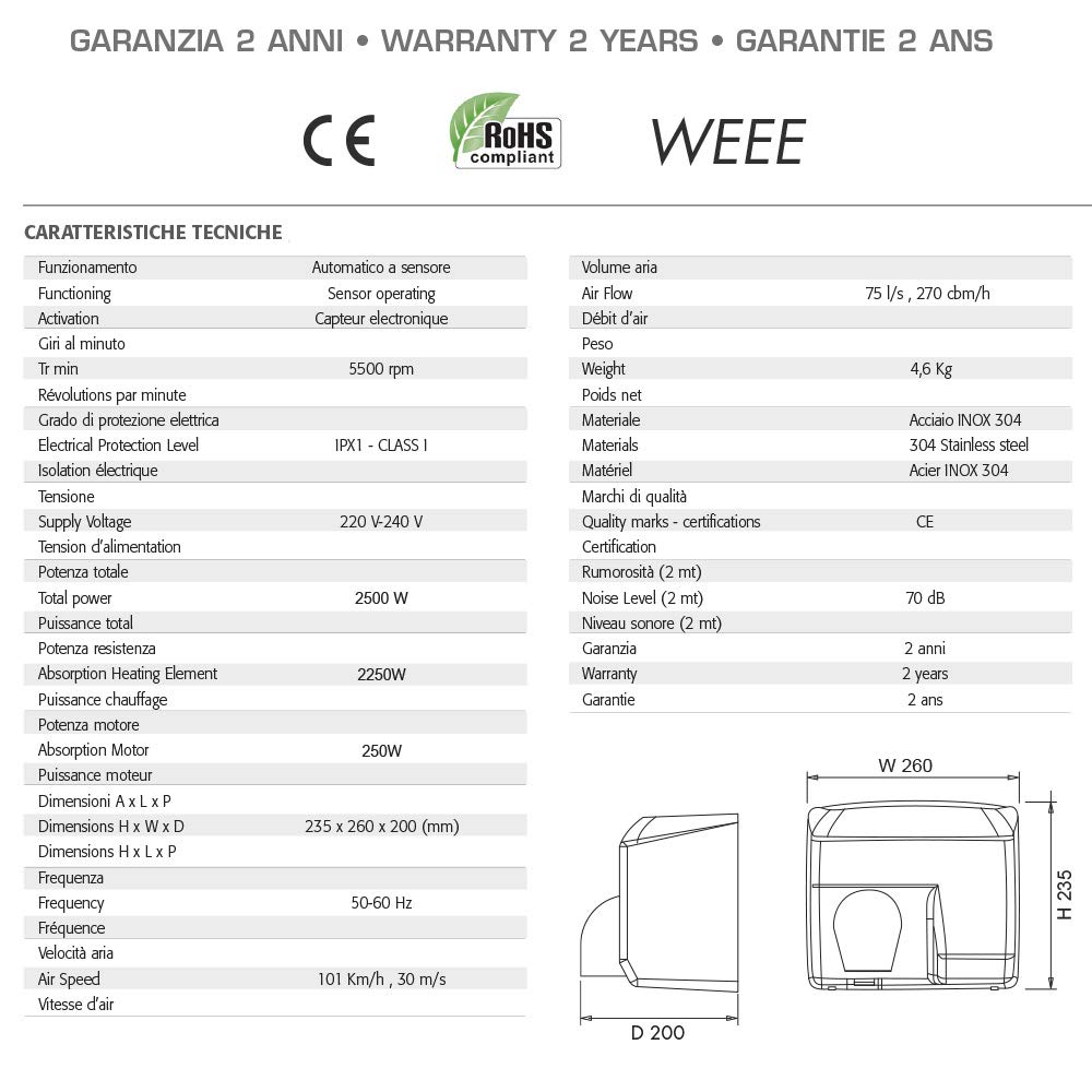 Asciugamani Elettrico Antivandalo in Acciaio Inox Lucido 2400W Ariel