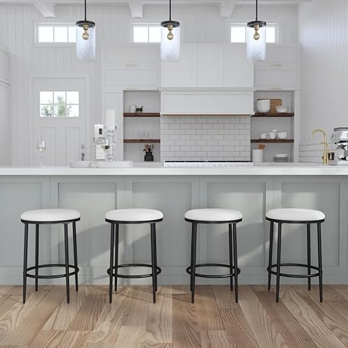 Miniatura 2 de HomePop Taburete de bar tapizado de metal, sillas laterales de tela para comedor, cocina y sala de estar, tejido crema resistente a las manchas