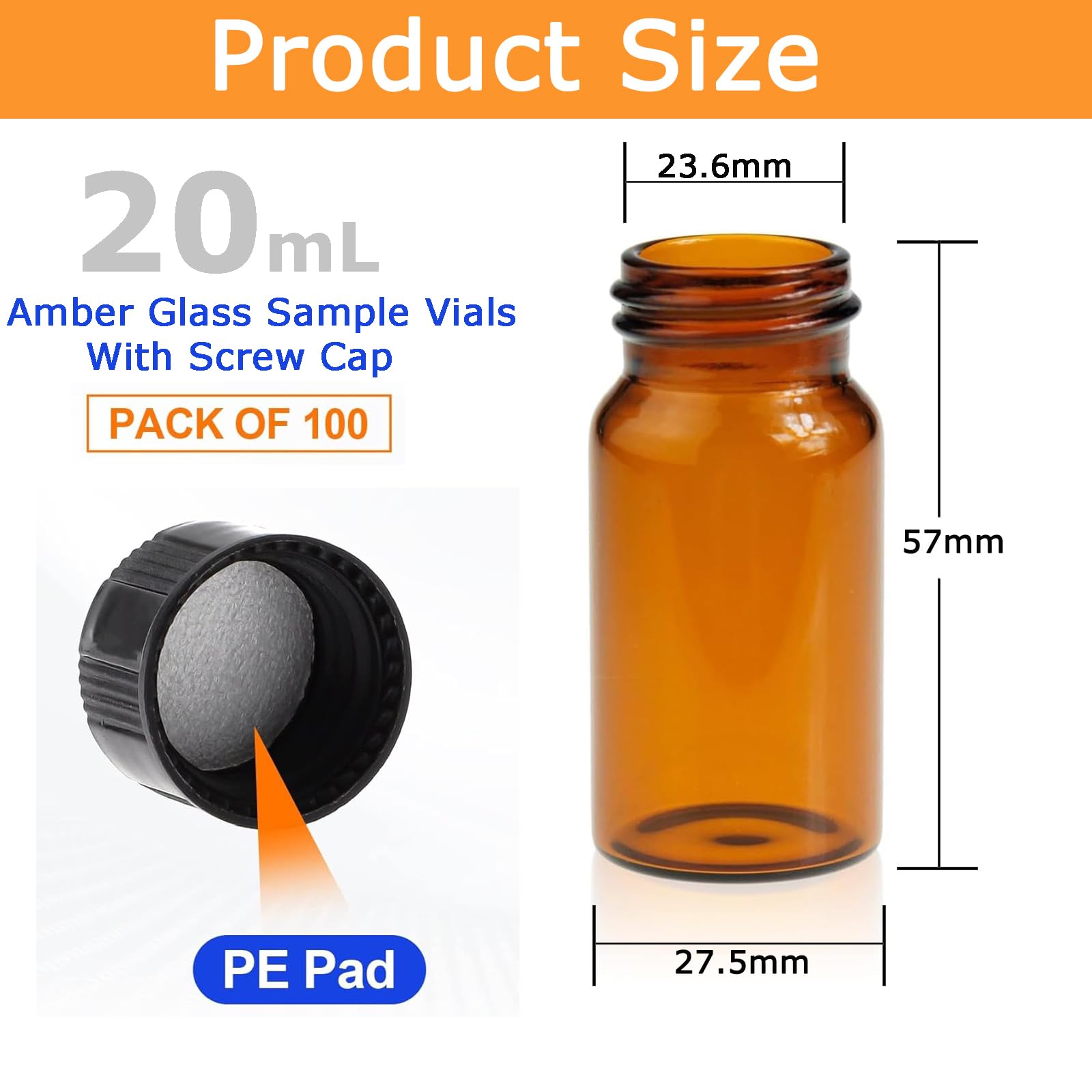 ALWSCI 100 pezzi 20mL Ambra Vetro Fiale Bottiglie Campione 24-400 Nero Chiuso Top PP Cap, PE Liner Campione Contenitore Laboratorio Bottiglia Fiala Olio Liquido Bottiglia 27.5x57mm