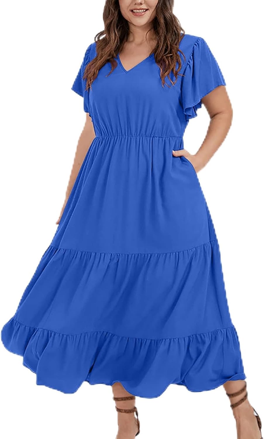 Women Plus Size Summer Midi Dress Tiered Casual Short Sleeve V Neck Loose Swing Dresses with Ruffle Sleeve and Pocket