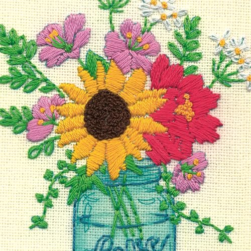 Image of Dimensions 72-70487 Floral Jar Embroidery Needlepoint Kit for Beginners, 6 inch Diameter Hoop, Multicolor, 5 Pieces