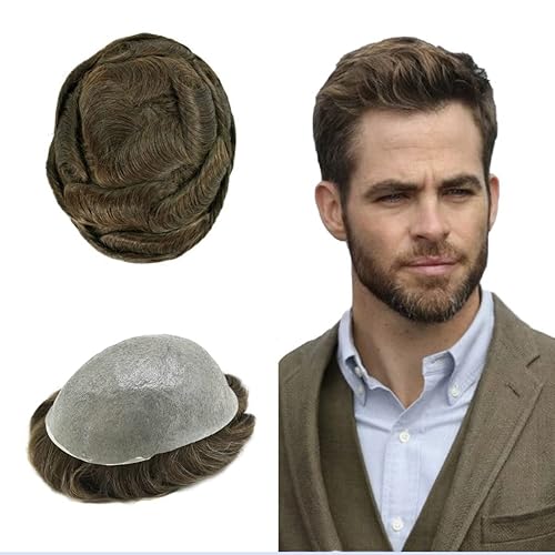 Tupé para hombre, extensiones de cabello humano Remy para hombre, piel fina, 0.002 in, sistema de reemplazo de cabello con bucle en V para hombres,