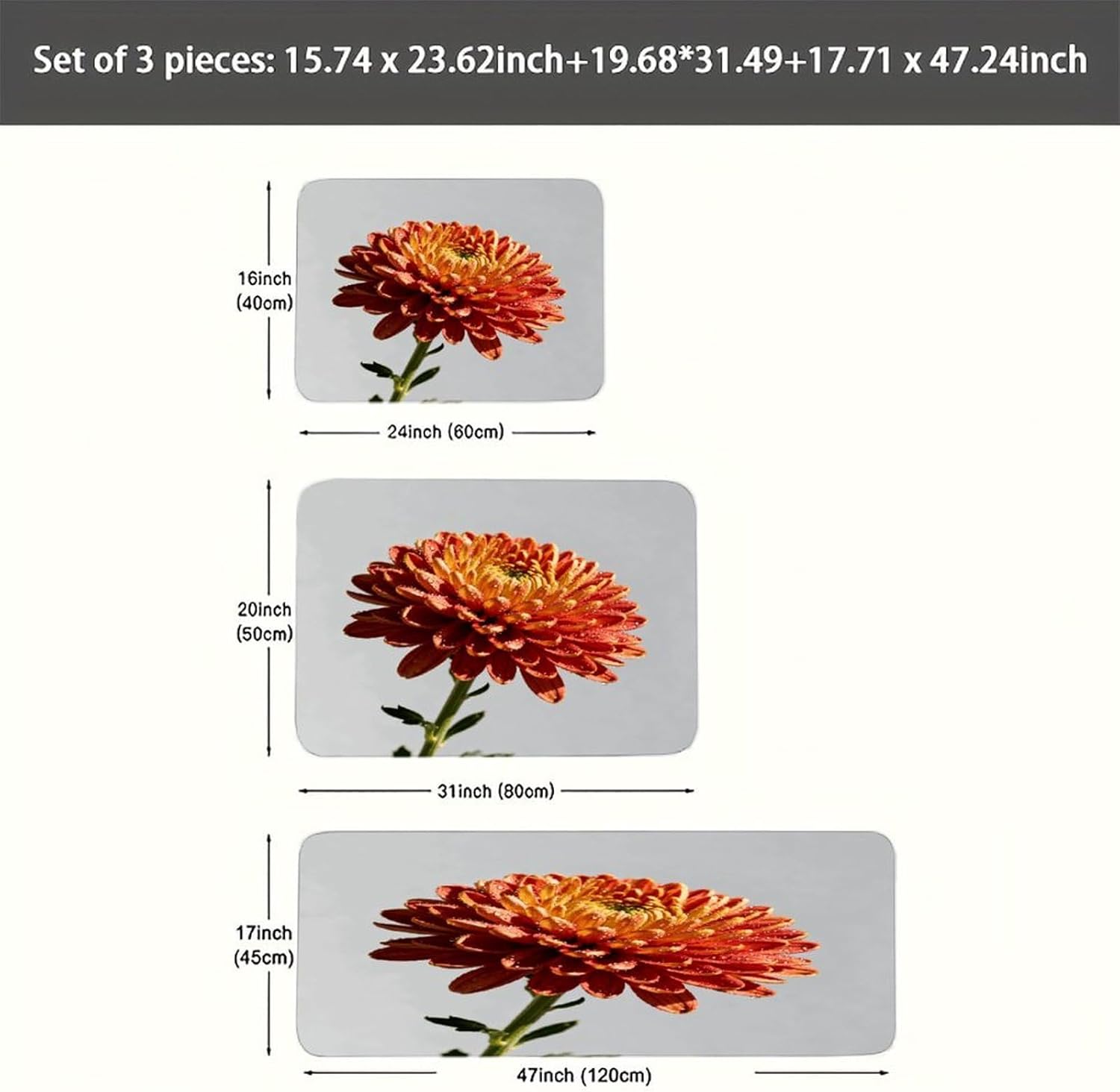 Chrysanthemum Kitchen Rugs Sets of 3 Non Slip Kitchen Mat for Floor Comfort Standing Rug and Mats Thick Cushioned Long Area Carpets for Laundry Room Entryway