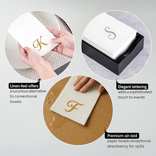 Miniatura 3 de Luxenap 15.8 X 7.9 Inch Linen-Feel Guest Towels, 50 Disposable Striped Hand Towels - Gold Letter 'S', Cursive Font, White Paper Dinner Napkins