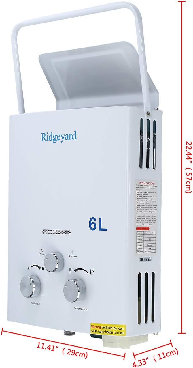 Exclusive Discount 50% Price Ridgeyard Fashion 6L Portable Propane Gas Tankless Water Heater with Shower Head 6L for Cabins