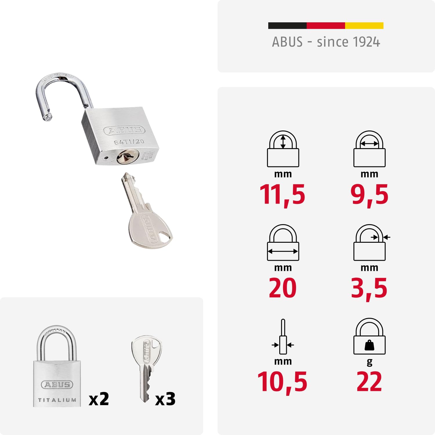 ABUS Lucchetto Titalium 64TI/20 - Set da 2, Chiusura Uguale - Corpo in Alluminio Speciale - Arco in Acciaio Temprato - Livello di Sicurezza ABUS 3 - Argento