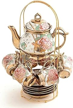 Tea Cup Set Tea Set English Whisker Tea Set Coffee Cup Set Ceramic Teapot with Cup and Saucer Set with Cup Holder Stand Ceramic Tea Service Afternoon Tea Set for Adults Set of 13