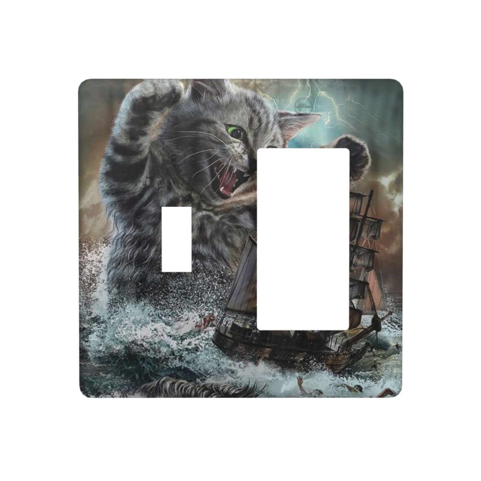 Fun Monster Cat Nautical Sailboat Sea Wave 2 Gang Light Switch Covers Decorative Combination Toggle Rocker/Decora Wall Plate Electrical Novelty Switchplate Covers Faceplate for Country Bathroom Decor