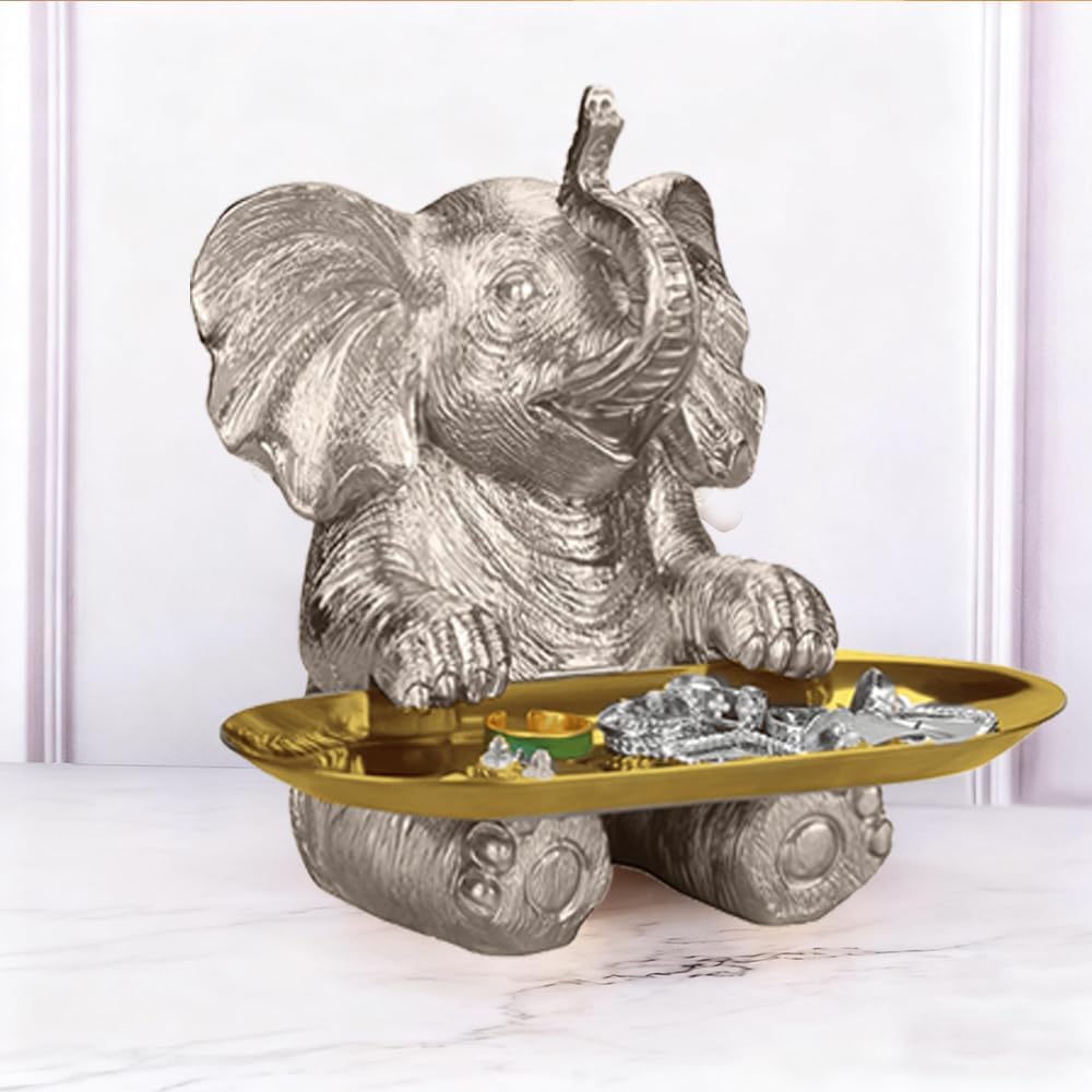Elephant Statue with Storage Tray African Elephant Sculpture Home Decor for Living Room, Office, Bookshelf, Desk, Unique Elephant Gift for Women Mom Mother's Day Birthday Silver