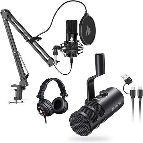 MAONO Micrófono USB con auriculares de estudio, micrófono cardioide vocal de 192 kHz/24 bits, compatible con Mac y Windows, YouTube, juegos,