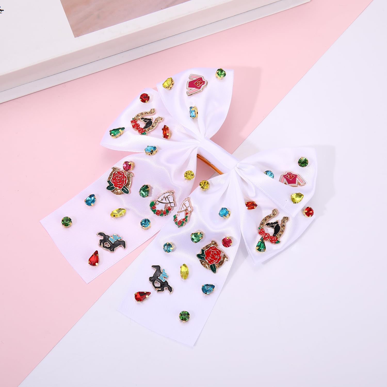 YAHPERN Derby Hair Bows Riding Suit Horse Horseshoe Hair Bow Clips for Women Rose Large White Satin Ribbon Bows Derby Outfits Accessories Gifts (Pattern D)