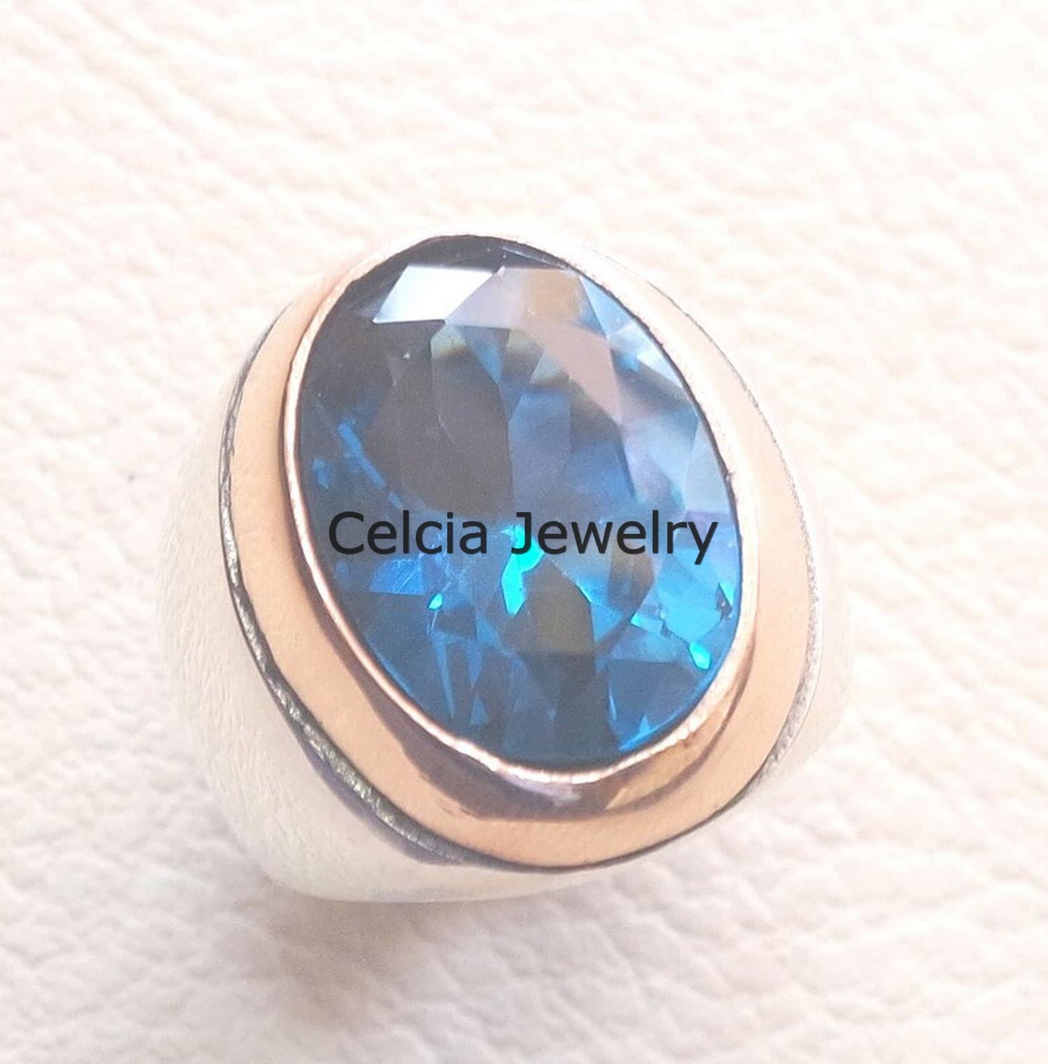 Anillo de piedra enorme ovalada de circón cúbico azul vivo profundo natural, anillo de sello de plata de ley 925 sólida, anillo de declaración, anillo de compromiso de boda