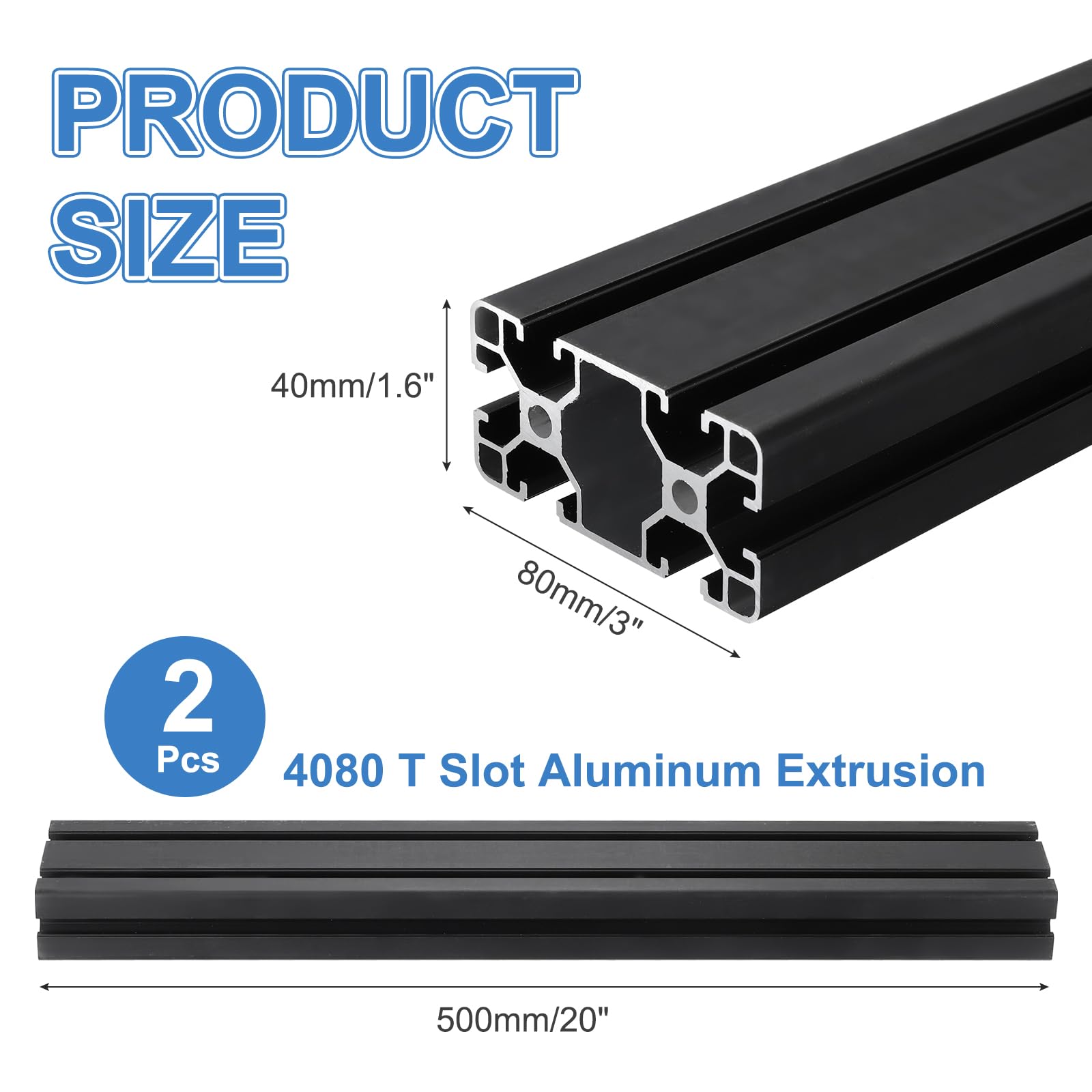 sourcing map 2 piezas de extrusión de aluminio 4080 con ranura en T, perfil de riel lineal anodizado estándar europeo de 500 mm para piezas de impresora 3D, proyectos de bricolaje CNC, color negro