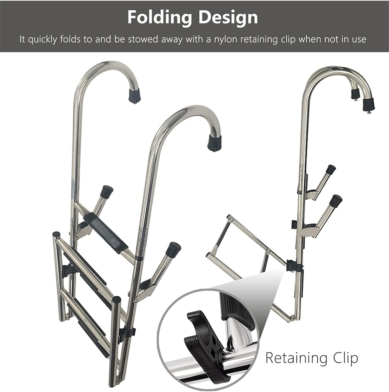 Swimming Pool Safety Handrail Kit Foldable 4 Step Boat Ladder for Swim Pool/Pontoon, Collapsible Inboard Boarding Ladder for Dock Marine Diver for Stern Transom Mount