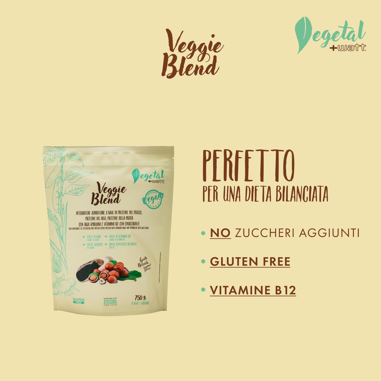 Veggie Blend 750 g - Proteine vegetali del pisello, del riso e della patata. Con spirulina e vitamina B12-100% vegetale e vegan - Gusto nocciola