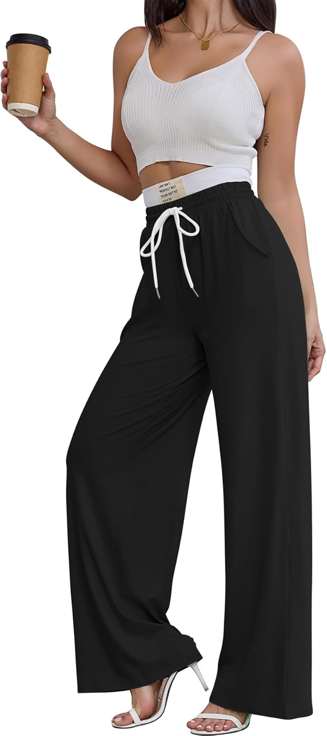 PINSV Womens Sweatpants Wide Leg High Waisted Drawstring Workout Pants Casual Comfy Loose Pants with Pockets Black XXL - Image 2