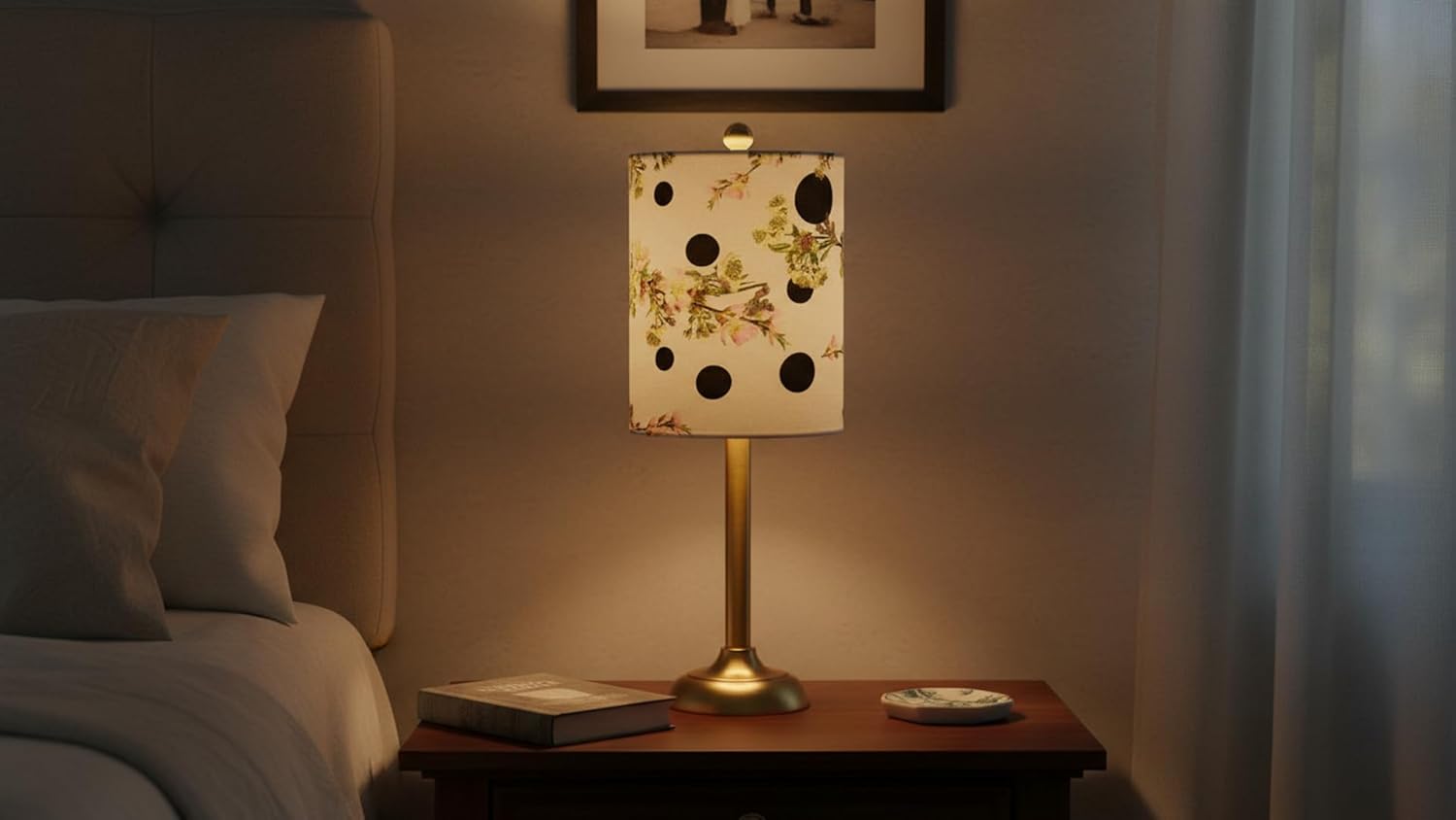 Aspen Creative 31298 Contemporary Drum (Cylinder) Shaped Spider Construction Lamp Shade in White with Floral and Polka Dot, 8" wide (8" x 8" x 11")