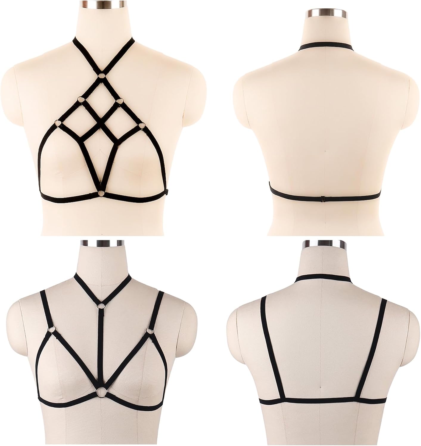 2 Pcs Womens Strappy Cage Bra Sexy Harness Halter Cupless Bra Punk Gothic Style Strappy Bralette Elastic Hollow Out Crop Top Black