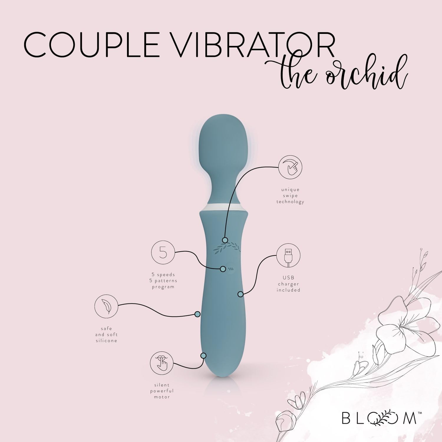 Bloom Wand Massaggiatore Orchid con 10 Modalità – Per la Migliore Esperienza di Massaggio - USB Ricaricabile (Incluso)– Cordless - Impermeabile – Design Unico