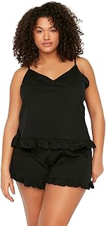 بيجامة منسوجة بتفاصيل مكشكشة وقصة واسعة للنساء TBBSS22PT0564 من ترينديول، قطعتان