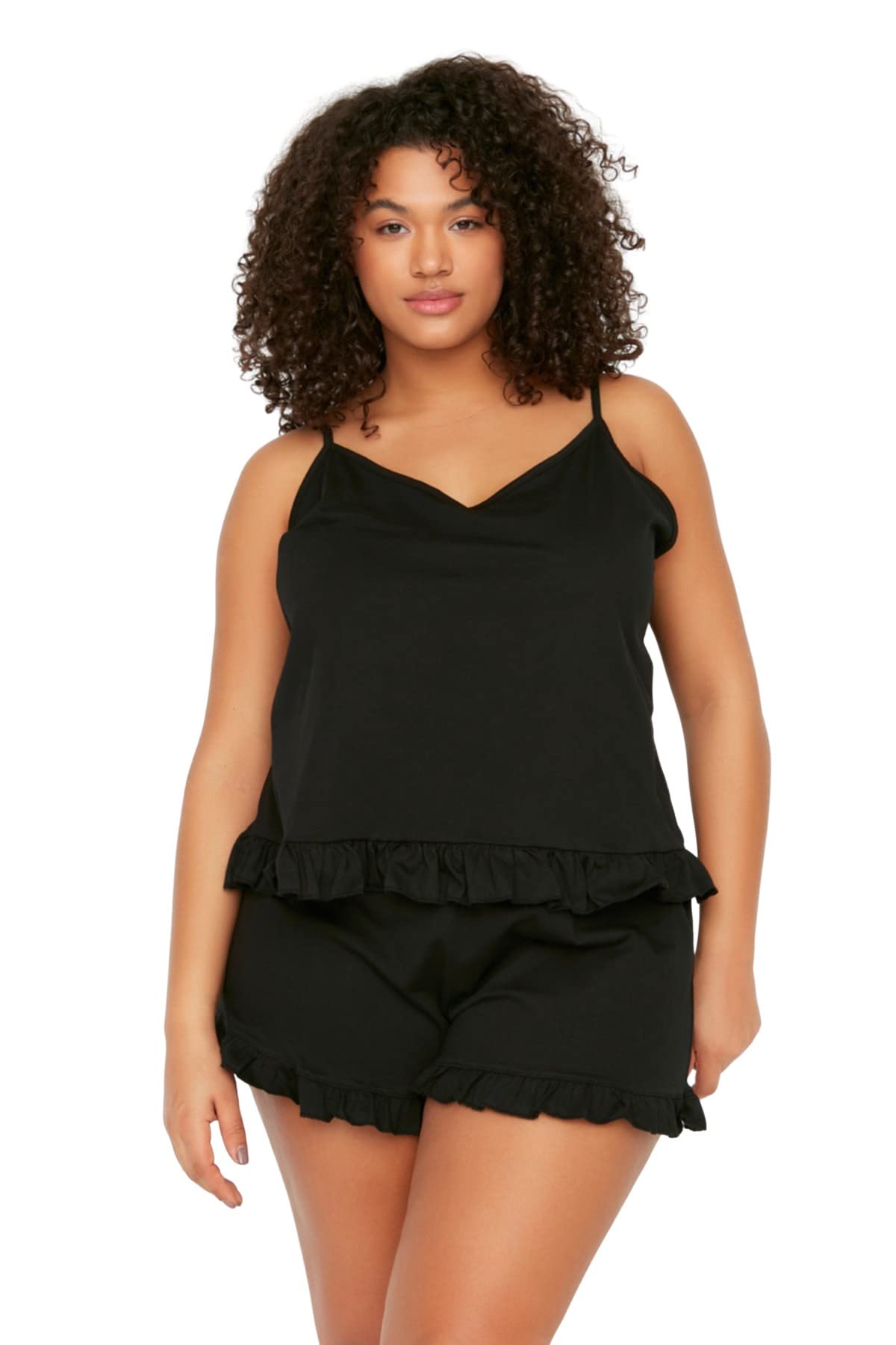 Trendyol Women Straight Knitted Camisole - Shorts Plus Size Pajamas Set Black