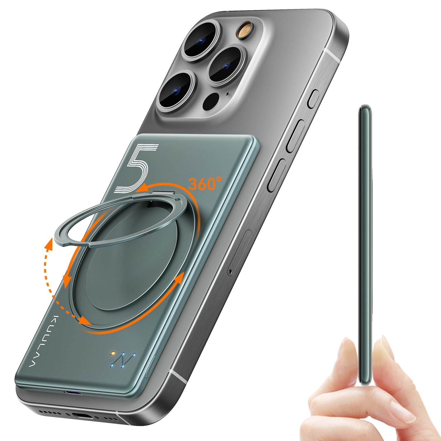 Kuulaa Magnetic Portable Charger Power Bank for iPhone 5000mAh Slim PD 20W USB C Battery Pack for Magsafe with Rotable Stand for iPhone 16/15/14/13/12 Series (Grey)