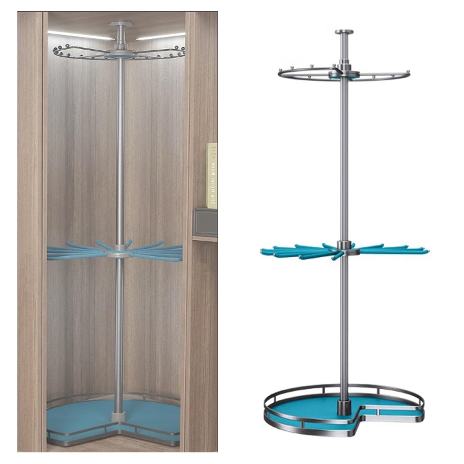 360° Rotating Round Closet Rod,Cloakroom Corner Storage Organizer,Hanging Clothes Hanger Rack,60kg Load Capacity for Retail Stores Bedroom Living Rooms(Blue,1900-2100mm)