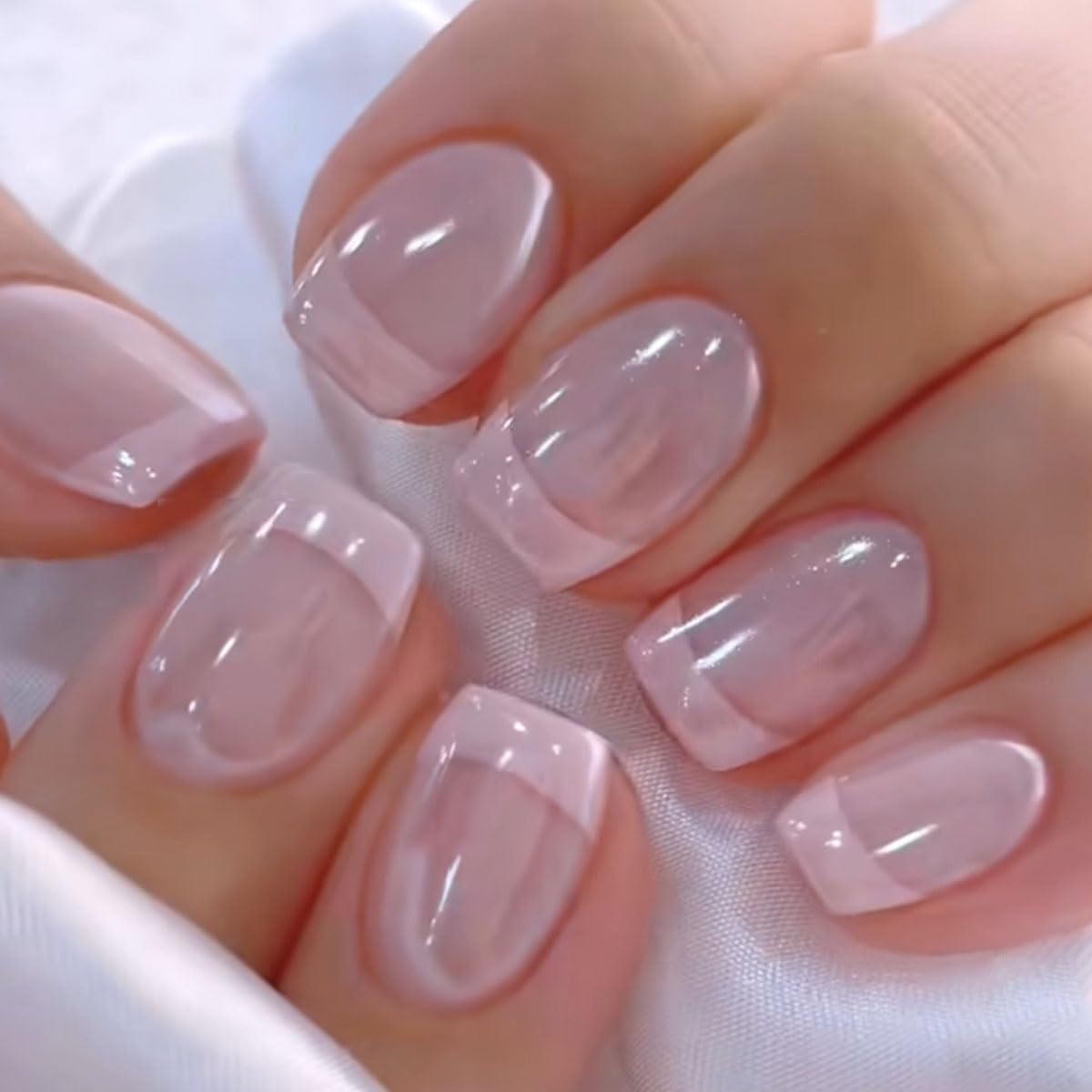 Pink Press on Nails Short Square French Tip Fake Nails Nude Pink Acrylic Full Cover Glossy Glue on Nails Square Nails Press on False Nails Reusable Stick on Nails for Women Finger Manicure 24PCS acrylic nails design14