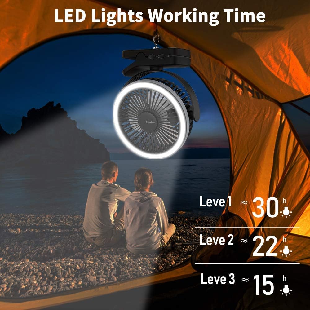 Camping Fan with 28 Pack LED Light, EasyAcc 6700 Battery Clip-On Tent Fan Emergency Fan (Lifetime Service/Strong Clamp/Hanging Hook/ 4 Speeds) for Tent Car RV Shelter Outdoor Power Outage Hurricane