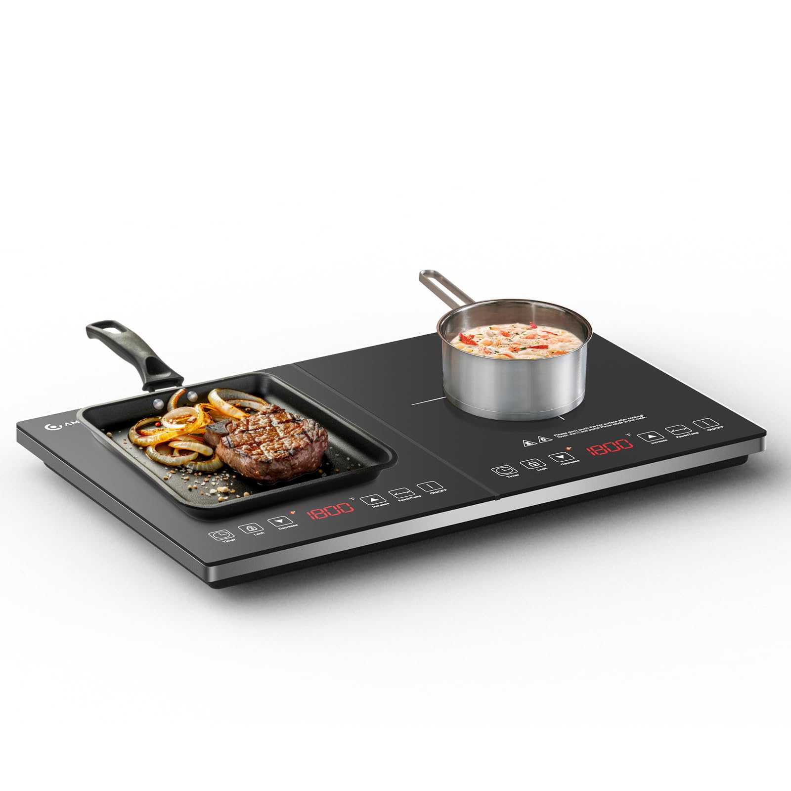 Double Induction Hob, Portable Induction Cooker with Ultra-Thin Body, Independent Control, 10 Temperature Levels, Multiple Power Levels, 2800W, 3-Hour Timer, Safety Lock