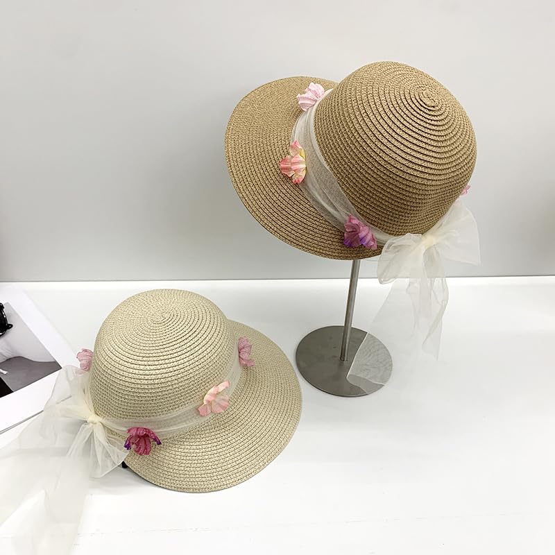 Sombrero de Verano para Mujer,con Protección UV,ala Ancha de Paja y Lazo de Tul Floral,Transpirable,para Playa,para Exteriores,Vacaciones y Viajes