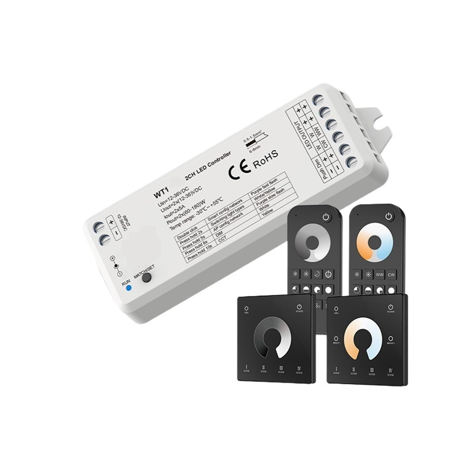 Controlador LED atenuador LED 12V 24V 36V DC 2CH 2,4G interruptor atenuador WW CW CCT controlador WT1 controlador LED(WT1 and R11)
