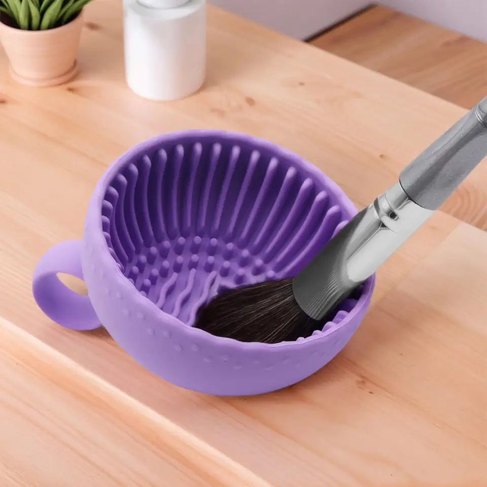 Tigela de limpeza de pincéis de maquiagem de silicone, ferramenta de limpeza portátil para pincéis, esponjas de pó, roxas