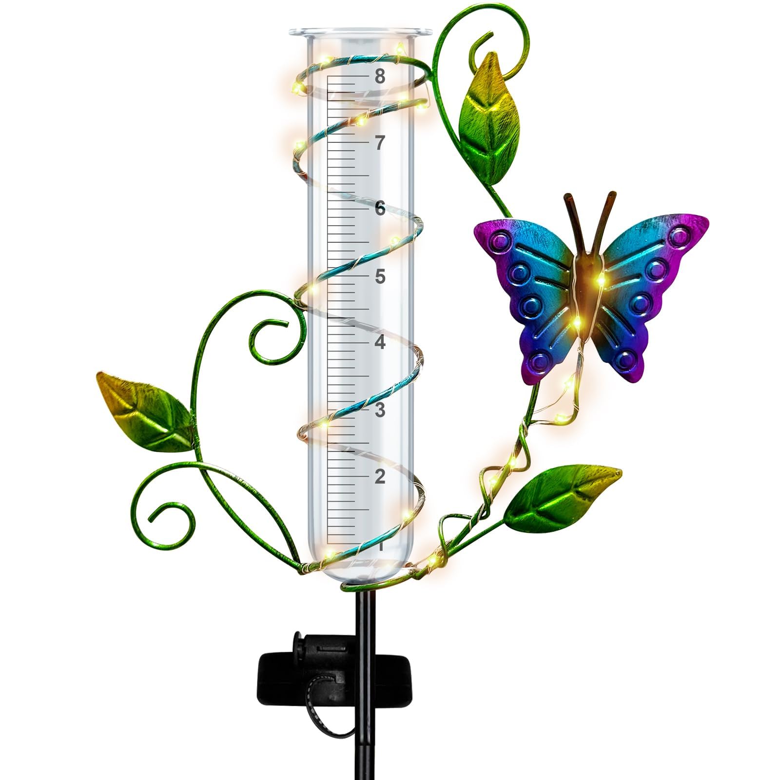 Schmetterlings-Regenmesser für den Außenbereich – kabelloser Solar-Regenmesser mit 20,3 cm Kapazität, Glas-Ersatzrohr, bestbewertet, Metall, dekorative Gartenstecker mit LED-Lichtern für Hof