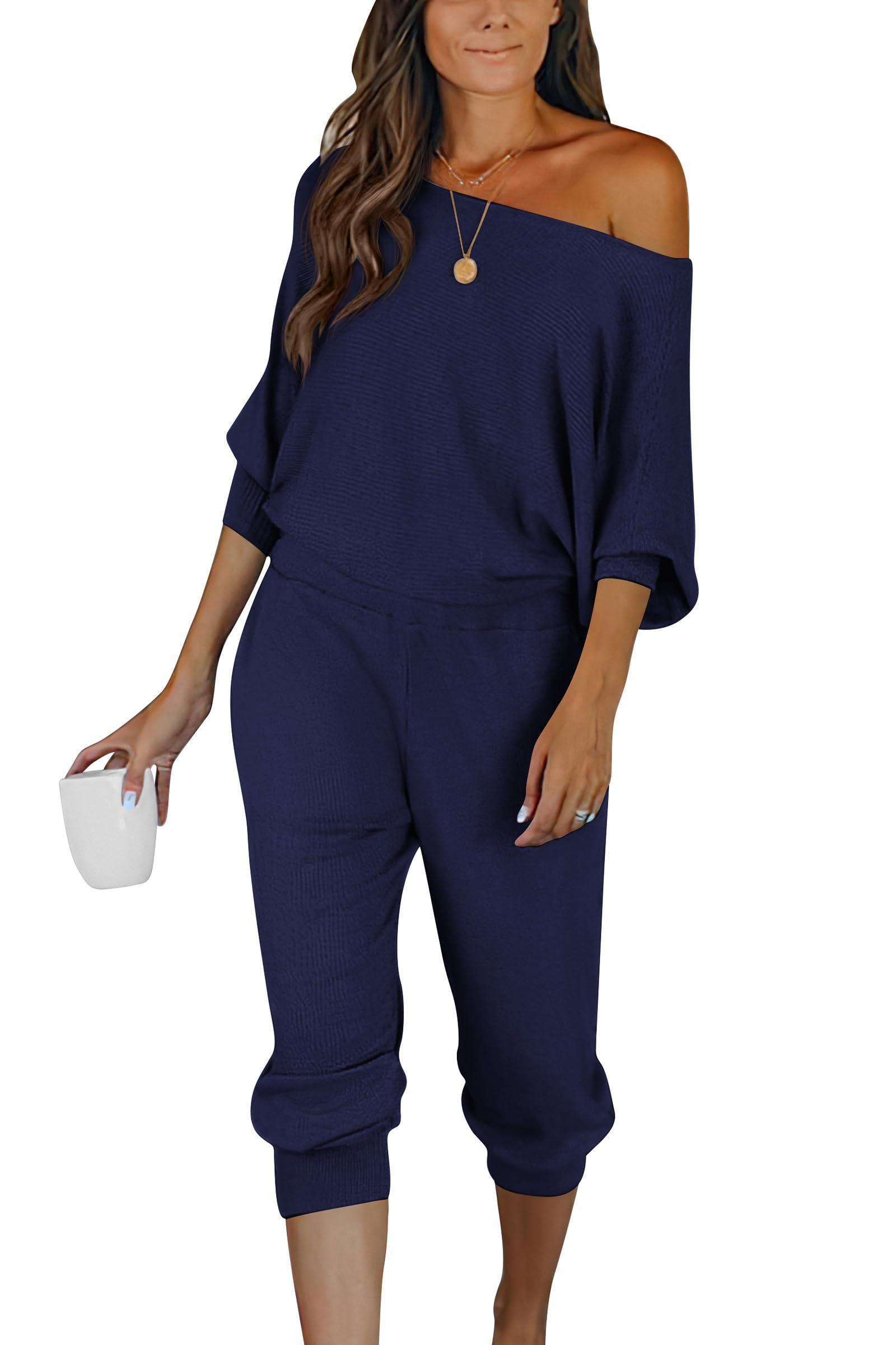 PRETTYGARDEN Two Piece Sets for Women 2026 Casual Ribbed Knit Off Shoulder Tops Lounge Pants Fall Tracksuits Winter Clothes