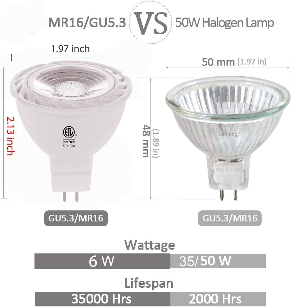 Blue MR16 LED Light Bulbs 50W Equivalent Halogen Replacement 6W 12V Bi-pin GU5.3 Outdoor Landscape Yard Lighting- Pack of 6