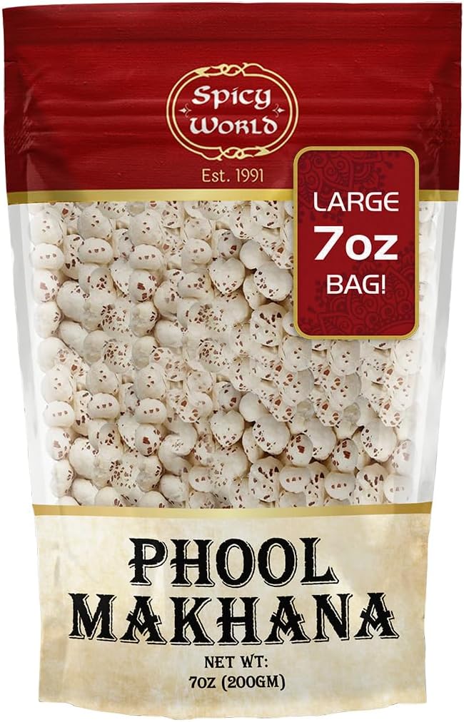 Spicy World Phool Makhana (Fox Nut/Popped Lotus Root Seed/Popped Water Lily Seeds) 200g (7oz) ~ Plain Raw Uncooked | ~ All Natural | Vegan | No Colors | Indian