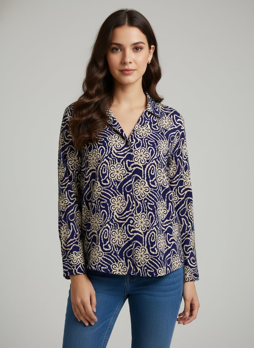 ANNI Designer Bedrucktes Damenhemd aus Baumwollmischgewebe, langärmelig, normale Passform, Hemdkragen, legere Bürokleidung, elegante Western-Kleidung für den Alltag, Hochzeit, Party