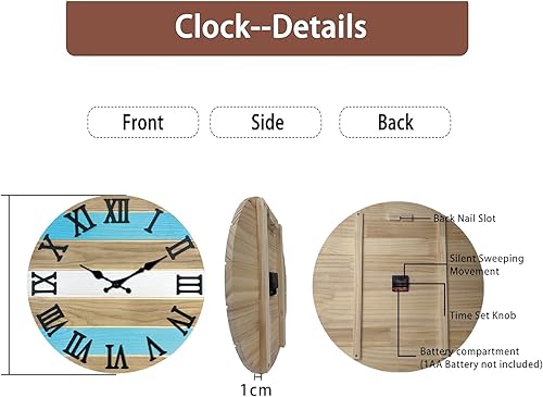Miniatura 4 de Reloj de pared de madera maciza azul para sala de estar, estilo granja, reloj de pared redondo de 12 pulgadas, funciona con pilas, silencioso