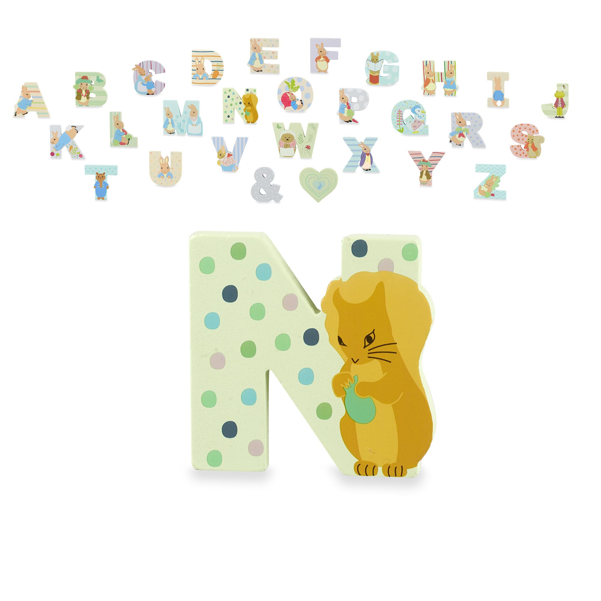 Orange Tree Toys Peter Rabbit Wooden Letters , Letter N with Nutkin - Alphabet Animal Letter for Personalised Baby Name, Box, Door, Wall Decorations, Animals Nursery Decor, Boys Girls Bedroom