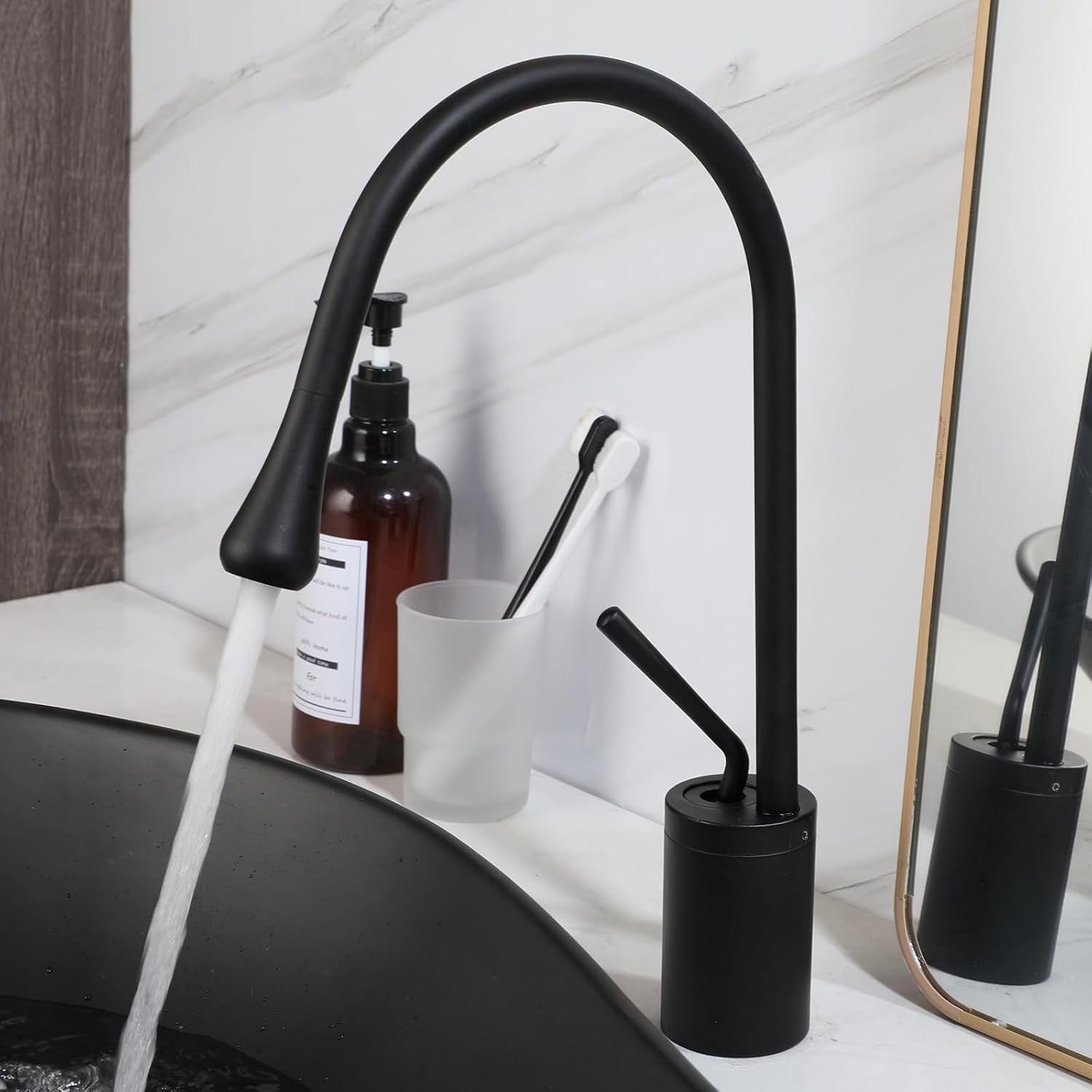 25 Inch Stone Resin Bathroom Sink with High Arc Faucet and Pop-Up Drain Combo,Leaf Shaped Vessel Sink Above Counter Modern Bathroom Vessel Sink Bowl (Black)
