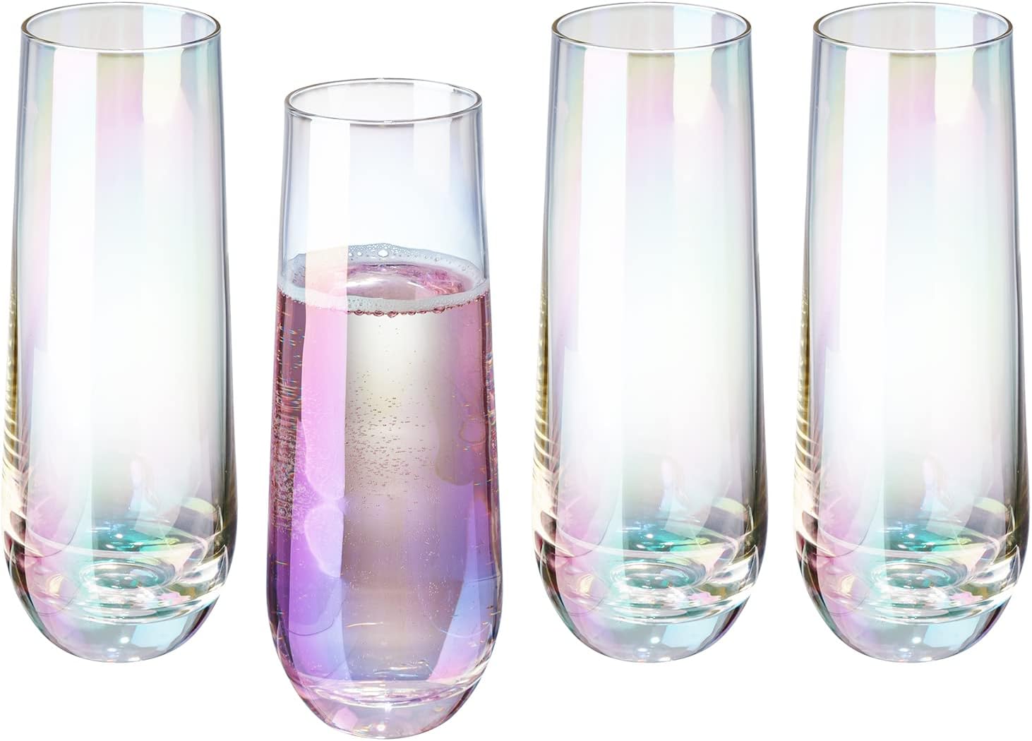 MyGift 9 oz Modern Champagne Flute Set of 4, Iridescent Sparkling Wine Stemless, Rainbow Transparent Prosecco Wine, Cocktail Mimosa Set, Holiday New Year Toasting - Image 6